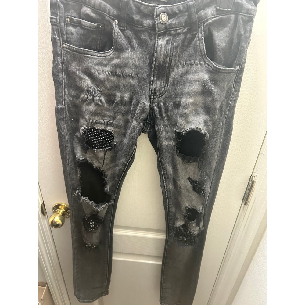 Tulones Currency Collectors Men's Black Distressed Skinny Jeans Size 32